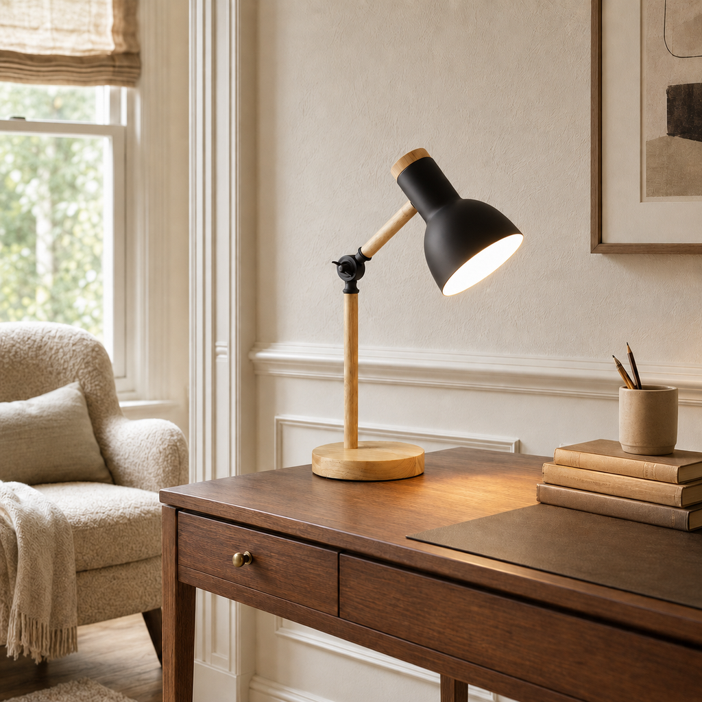 Adjustable Nordic Wooden & Metal Bedside Table Lamp – Mila