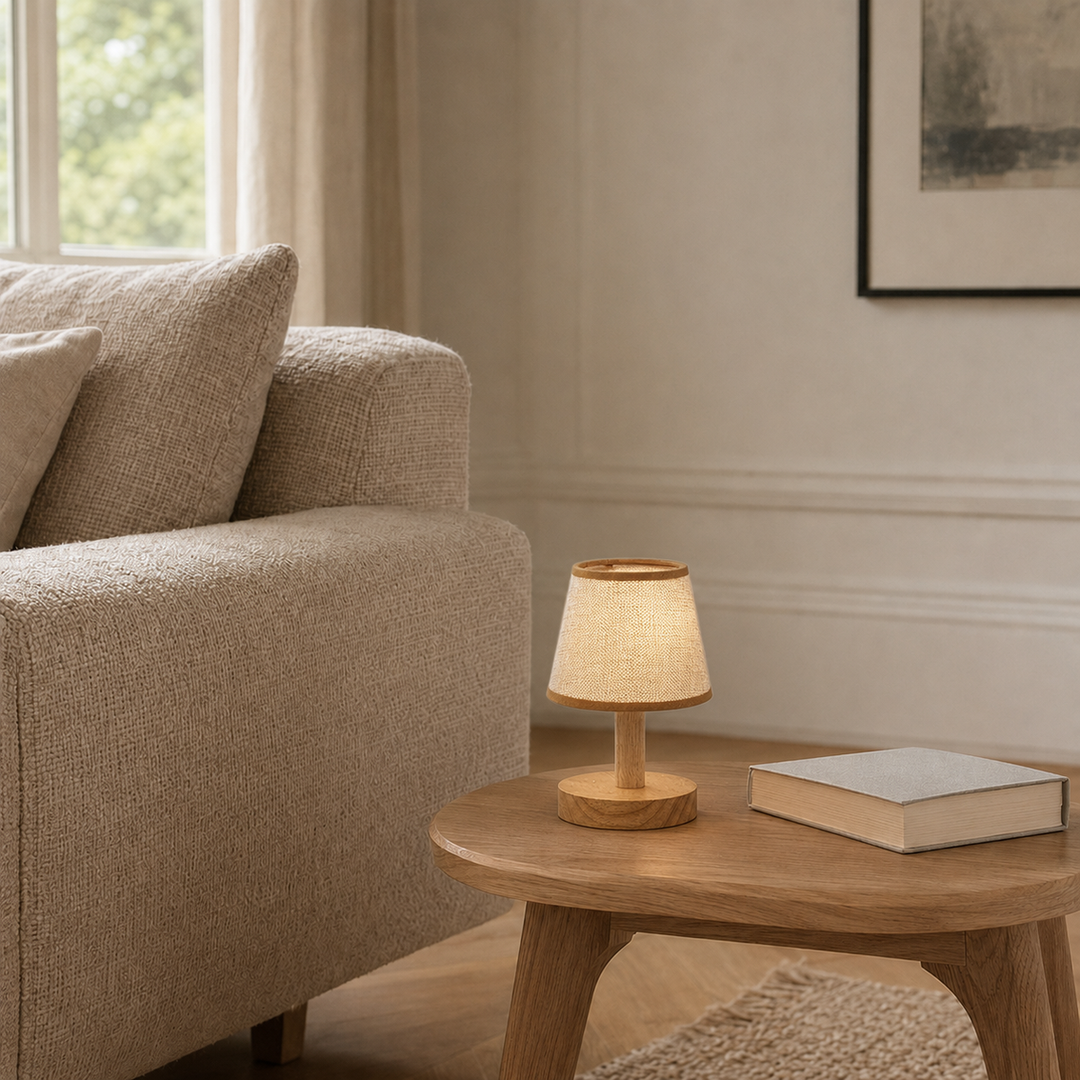 Small Wooden USB-Powered LED Table Lamp with Fabric Shade – Eli