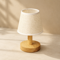 Small Wooden USB-Powered LED Table Lamp with Fabric Shade – Eli