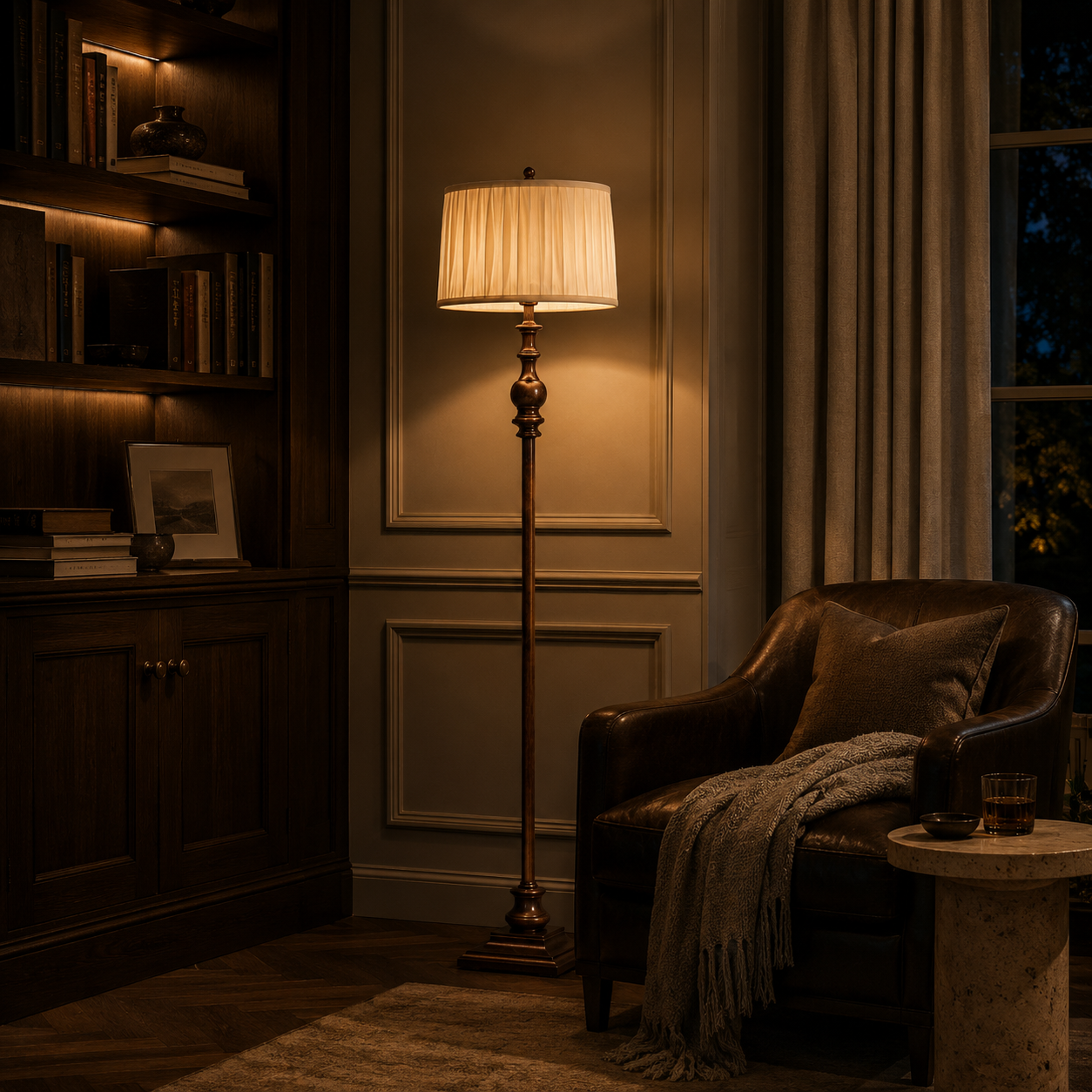 Bedroom Floor Lamp Pleated Fabric Shade Traditional Resin Base