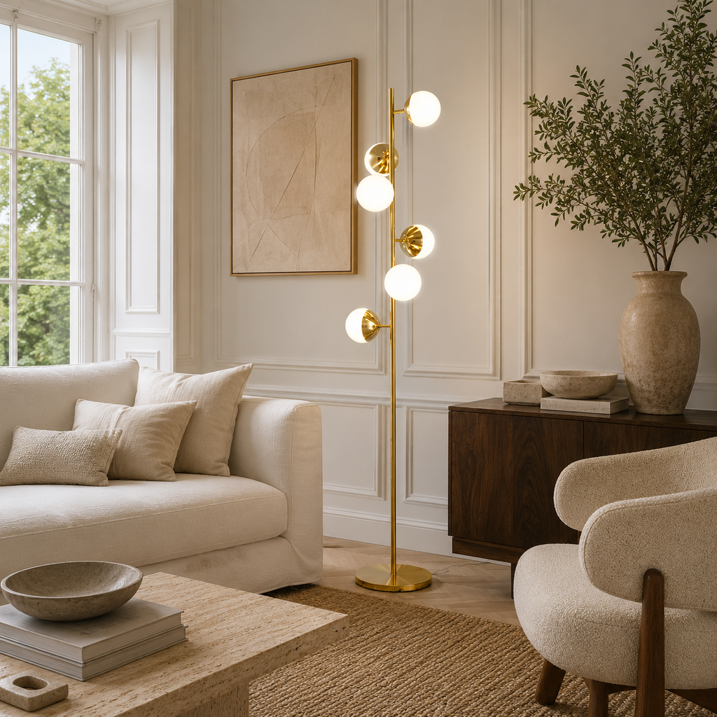 Multi-Light Floor Lamp Glass Globe Gold