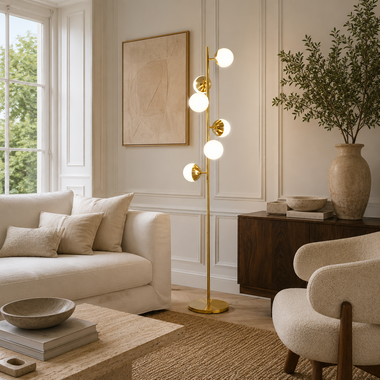 Multi-Light Floor Lamp Glass Globe Gold