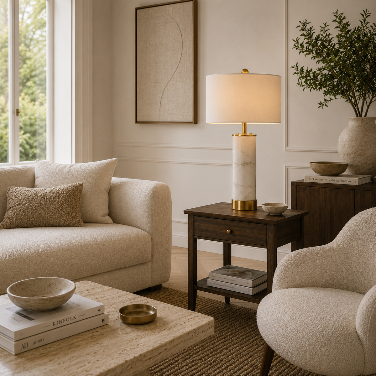 Table Lamps Fabric Marble Column Drum Shade
