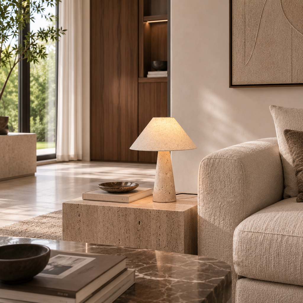 Travertine Stone Table Lamp With Fabric Shade