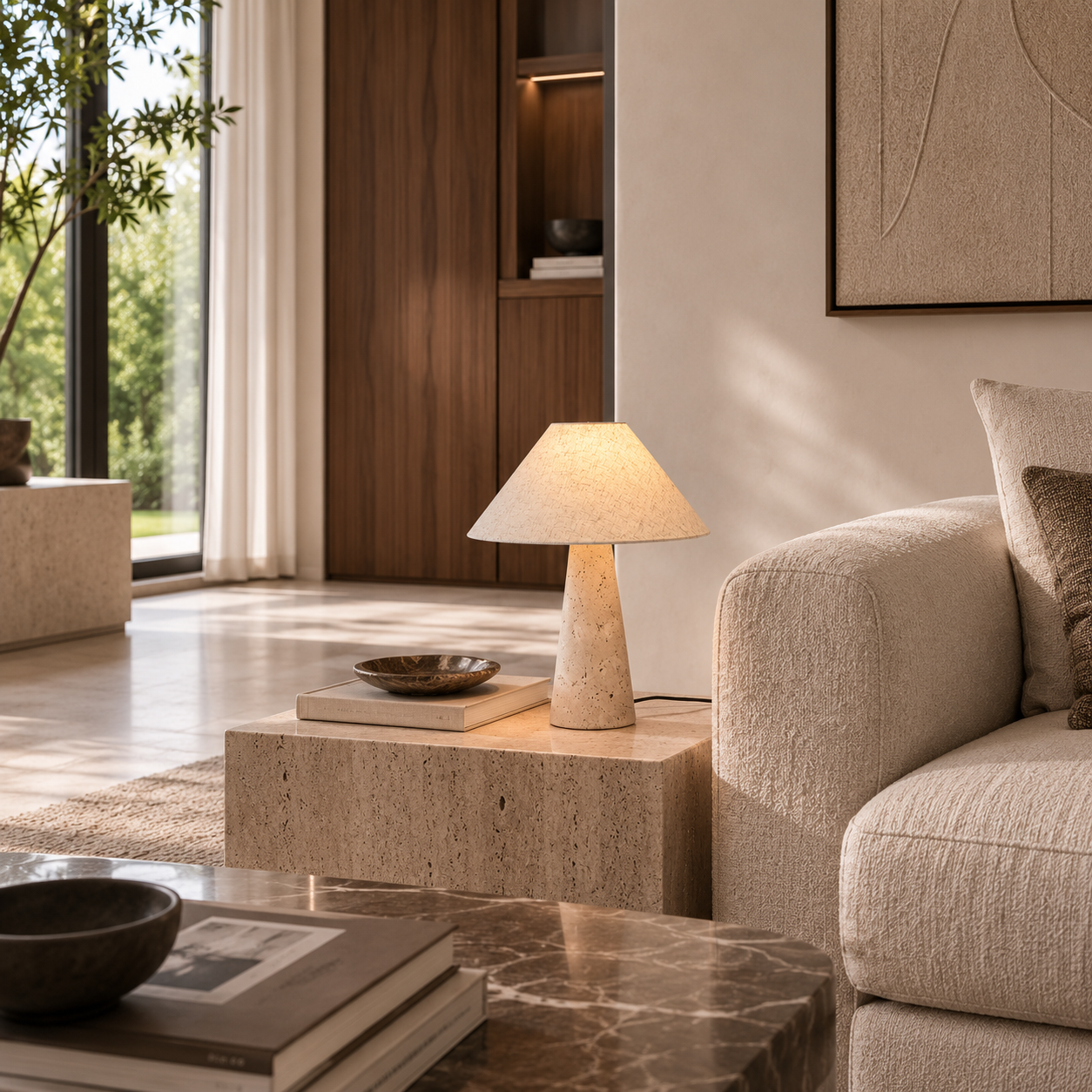 Travertine Stone Table Lamp With Fabric Shade