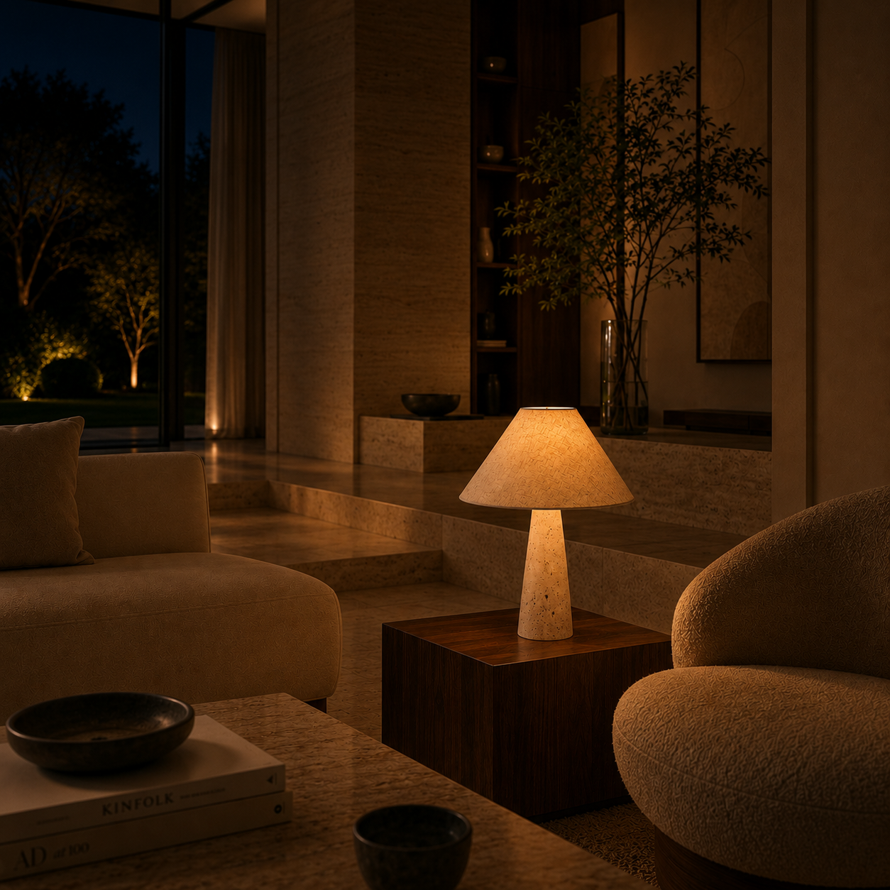 Travertine Stone Table Lamp With Fabric Shade