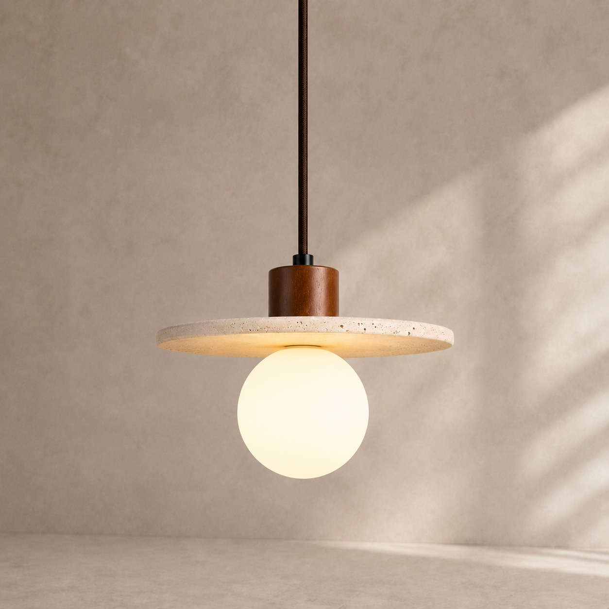 Elara Travertine & Wood Globe Pendant Light