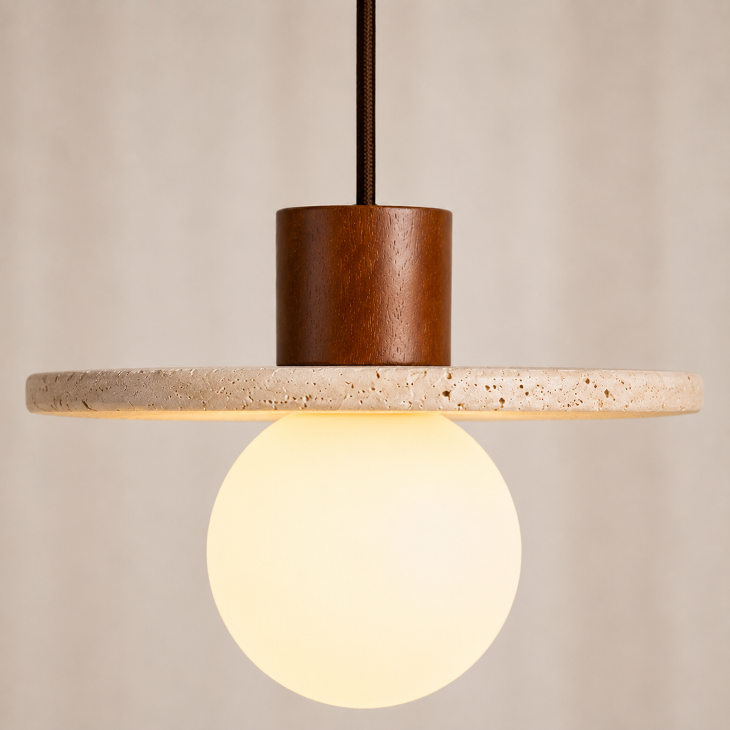 Elara Travertine & Wood Globe Pendant Light