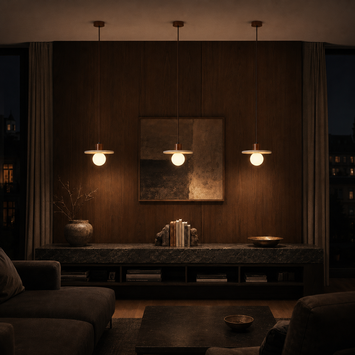 Elara Travertine & Wood Globe Pendant Light