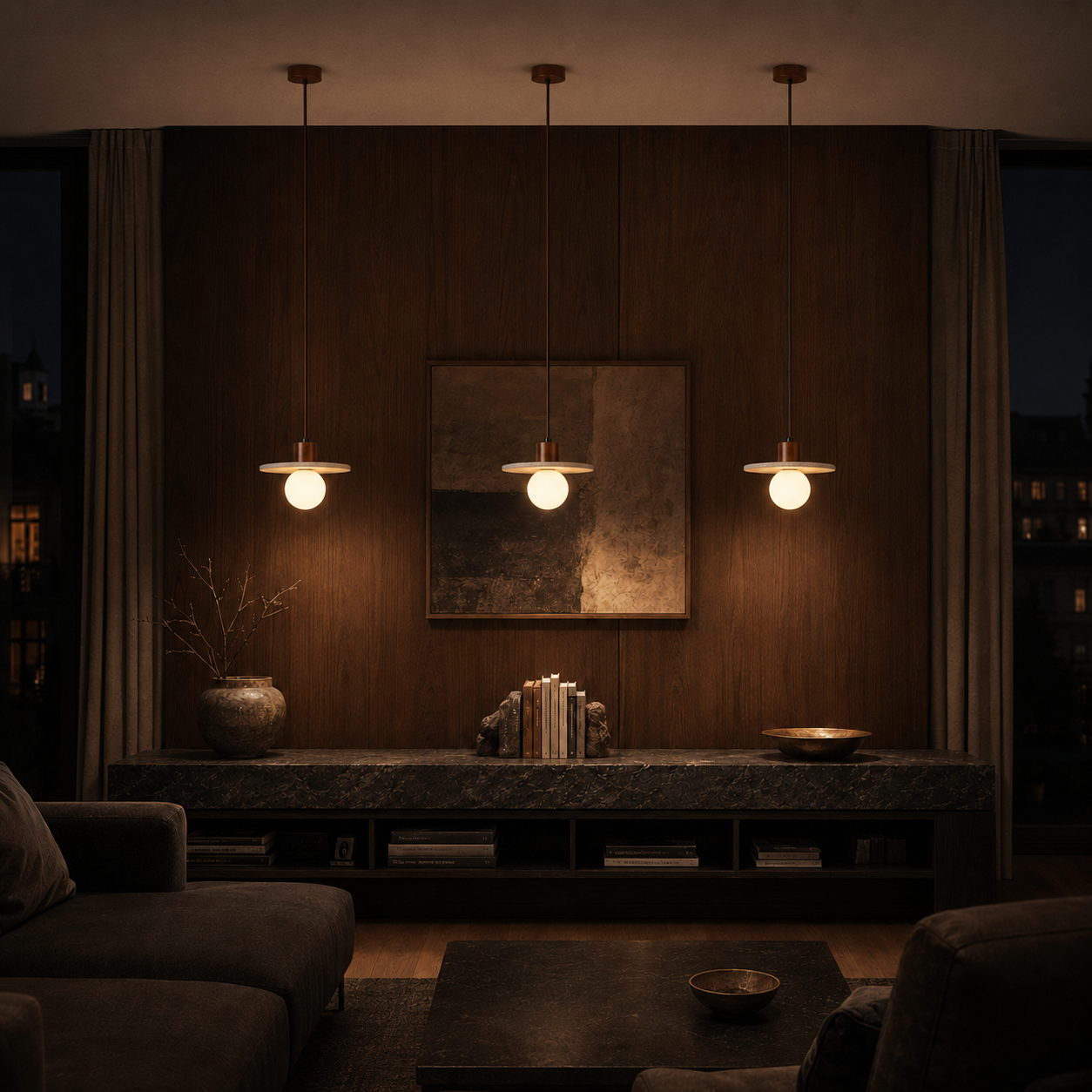 Elara Travertine & Wood Globe Pendant Light