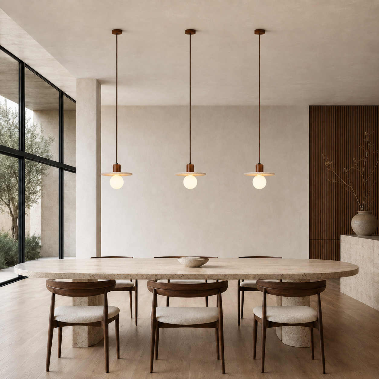 Elara Travertine & Wood Globe Pendant Light