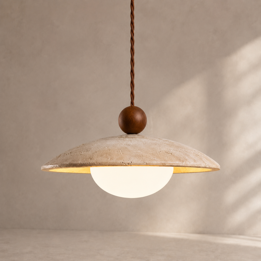 Soren Walnut & Travertine Dome Pendant Light