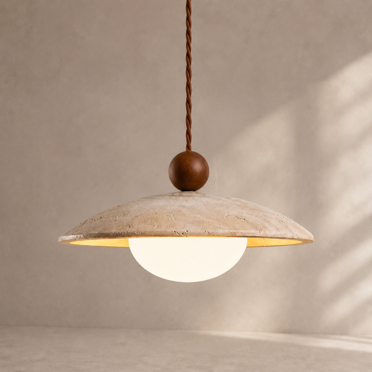 Soren Walnut & Travertine Dome Pendant Light