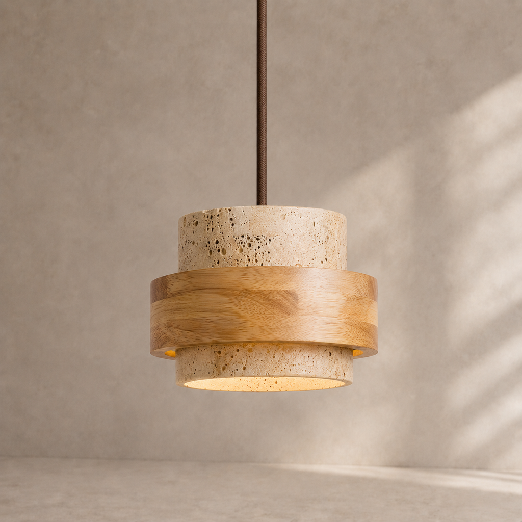 Calen Stacked Wood & Travertine Pendant Light