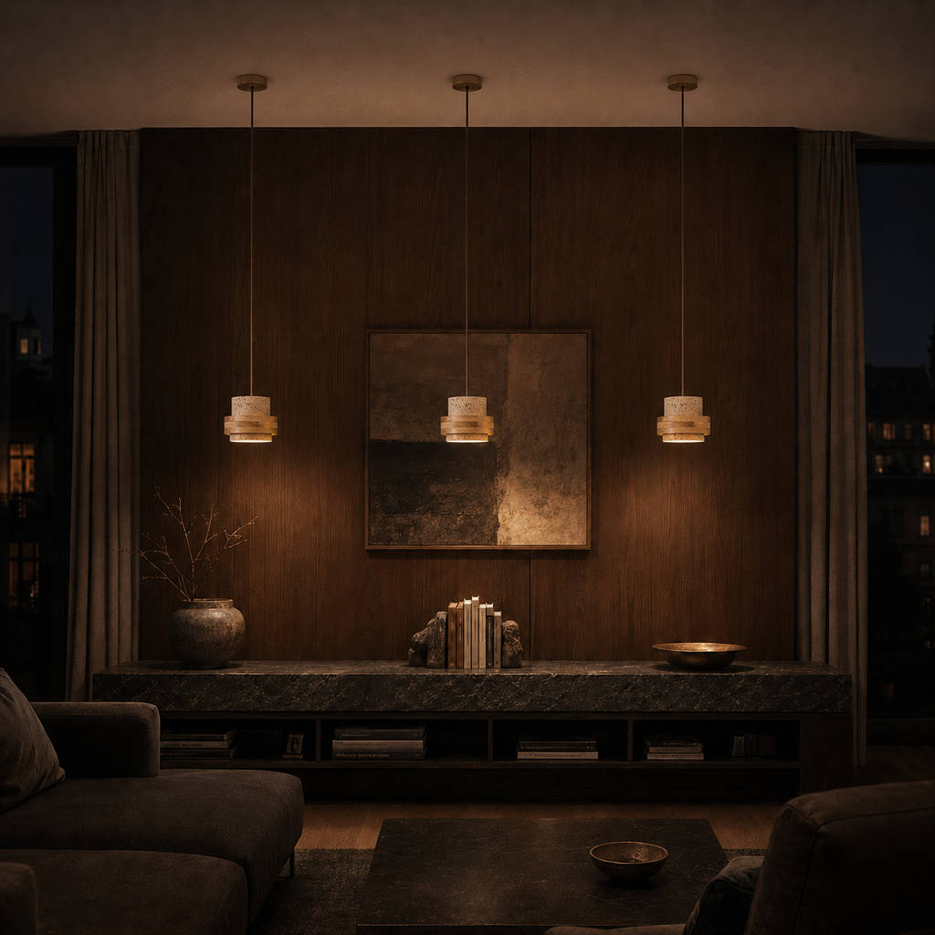 Calen Stacked Wood & Travertine Pendant Light