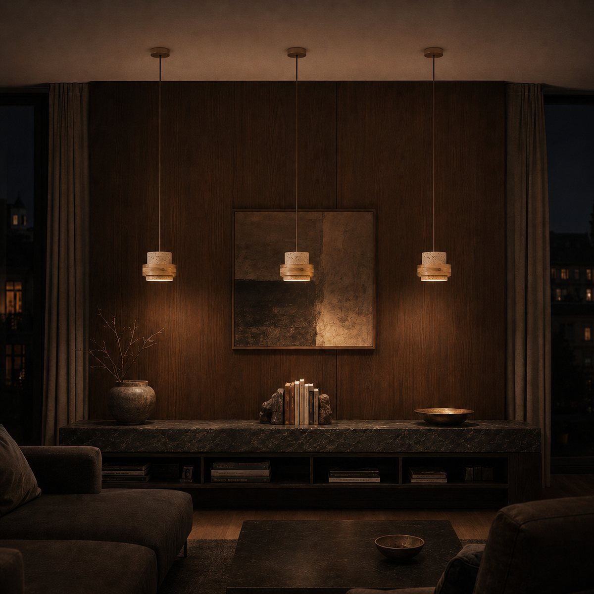 Calen Stacked Wood & Travertine Pendant Light