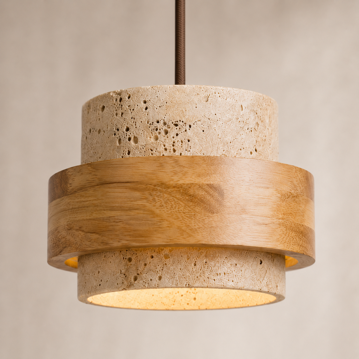 Calen Stacked Wood & Travertine Pendant Light