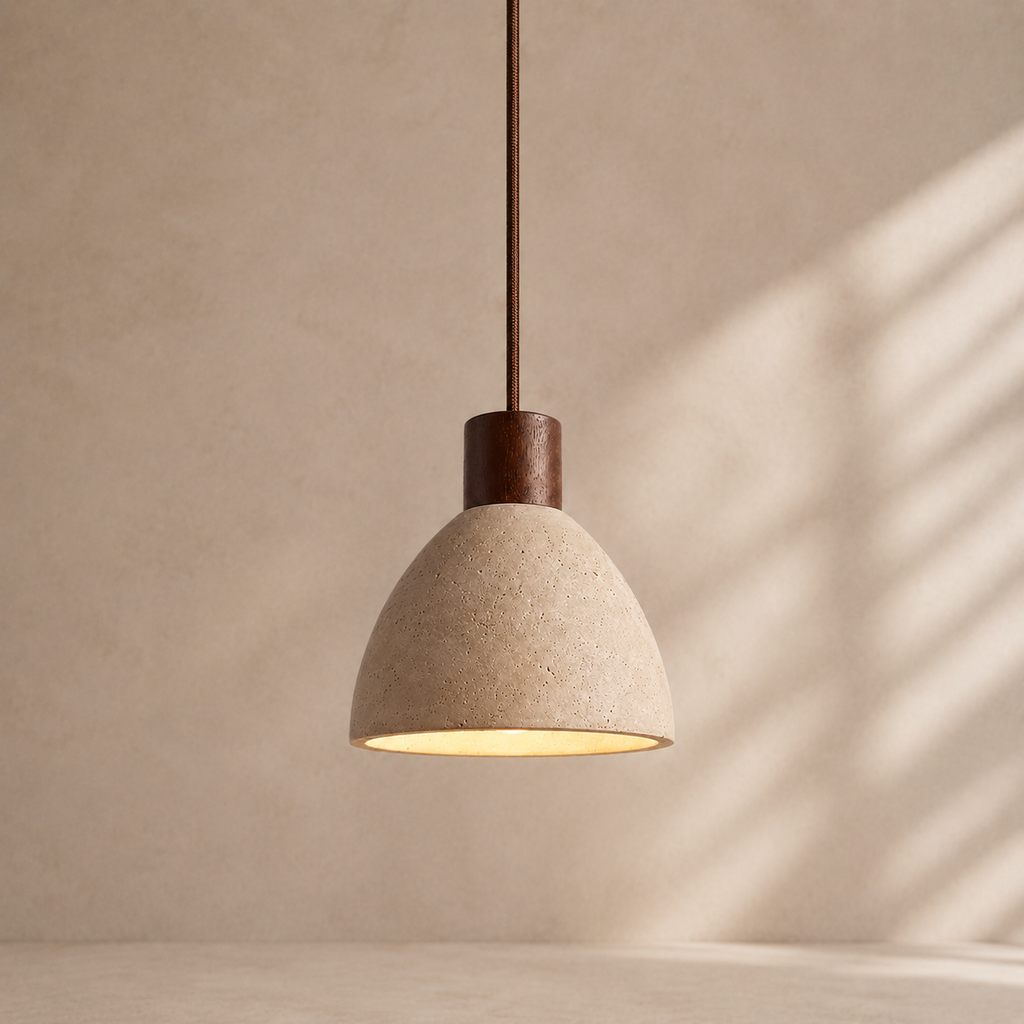 Orin Rounded Travertine & Oak Pendant Light