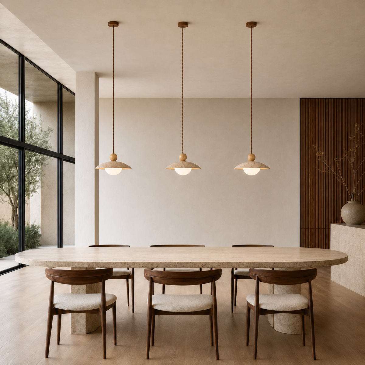 Soren Walnut & Travertine Dome Pendant Light