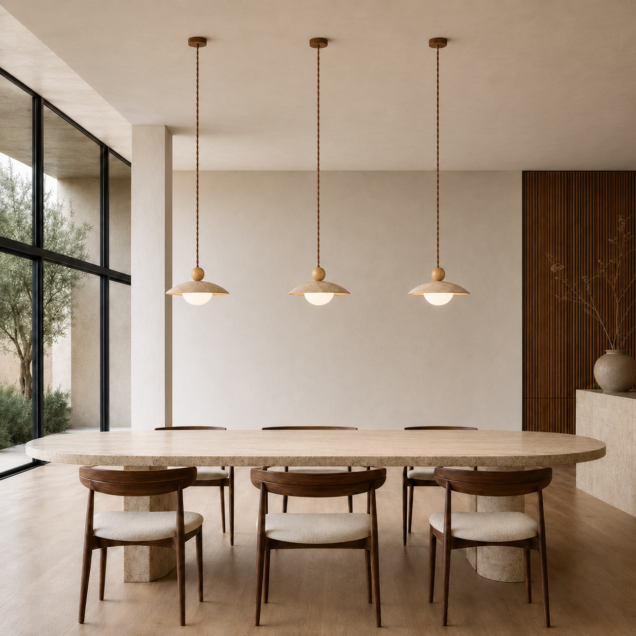Soren Walnut & Travertine Dome Pendant Light