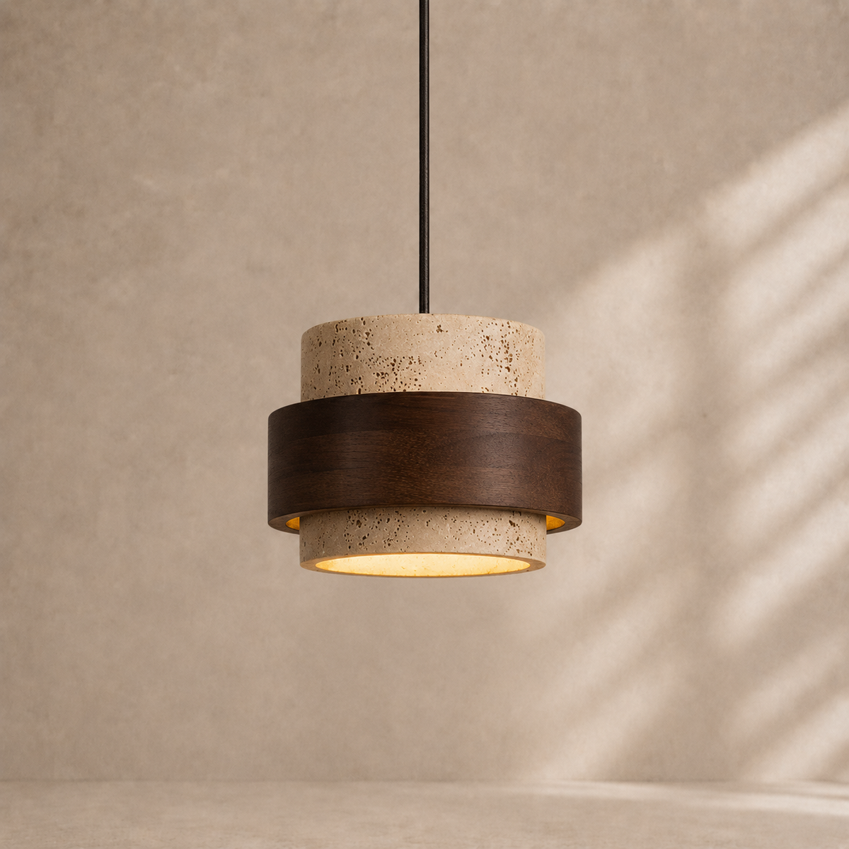 Calen Stacked Wood & Travertine Pendant Light