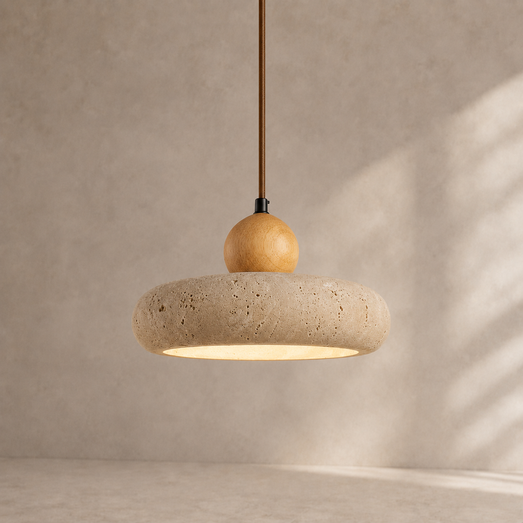 Aven Travertine & Oak Disc Pendant Light