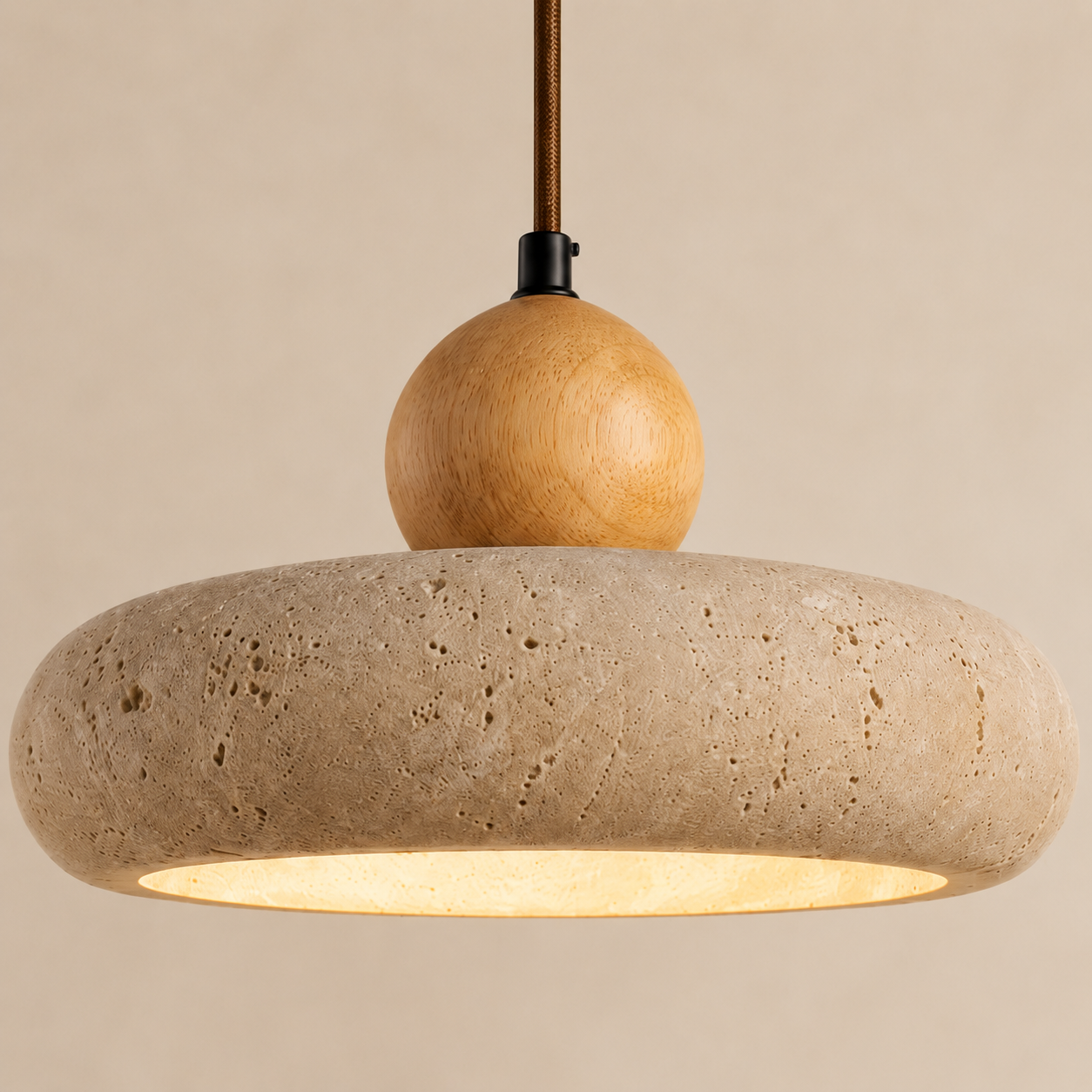 Aven Travertine & Oak Disc Pendant Light