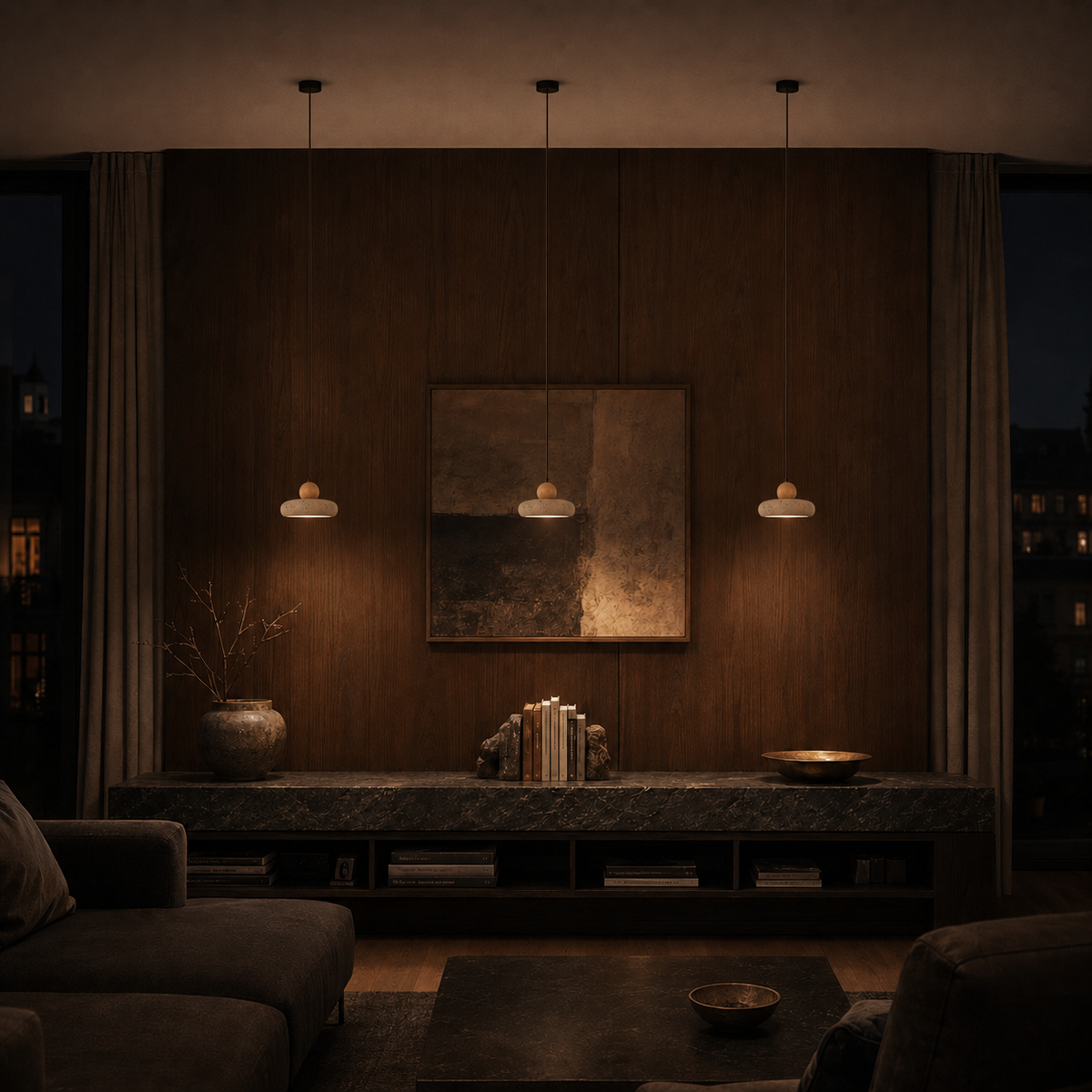 Aven Travertine & Oak Disc Pendant Light