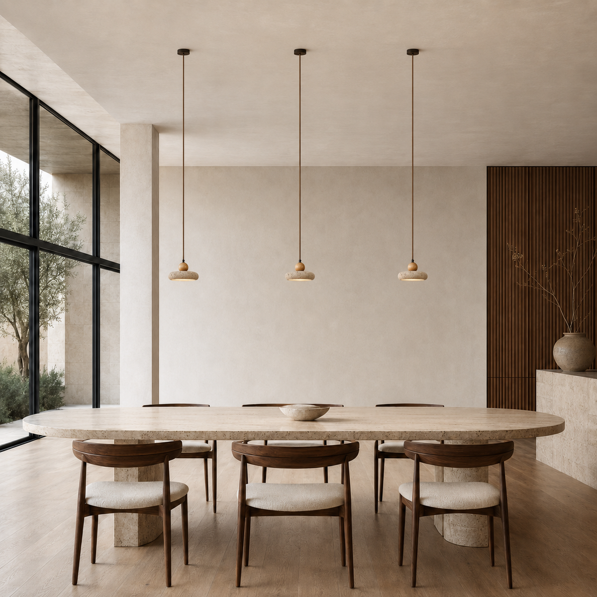Aven Travertine & Oak Disc Pendant Light