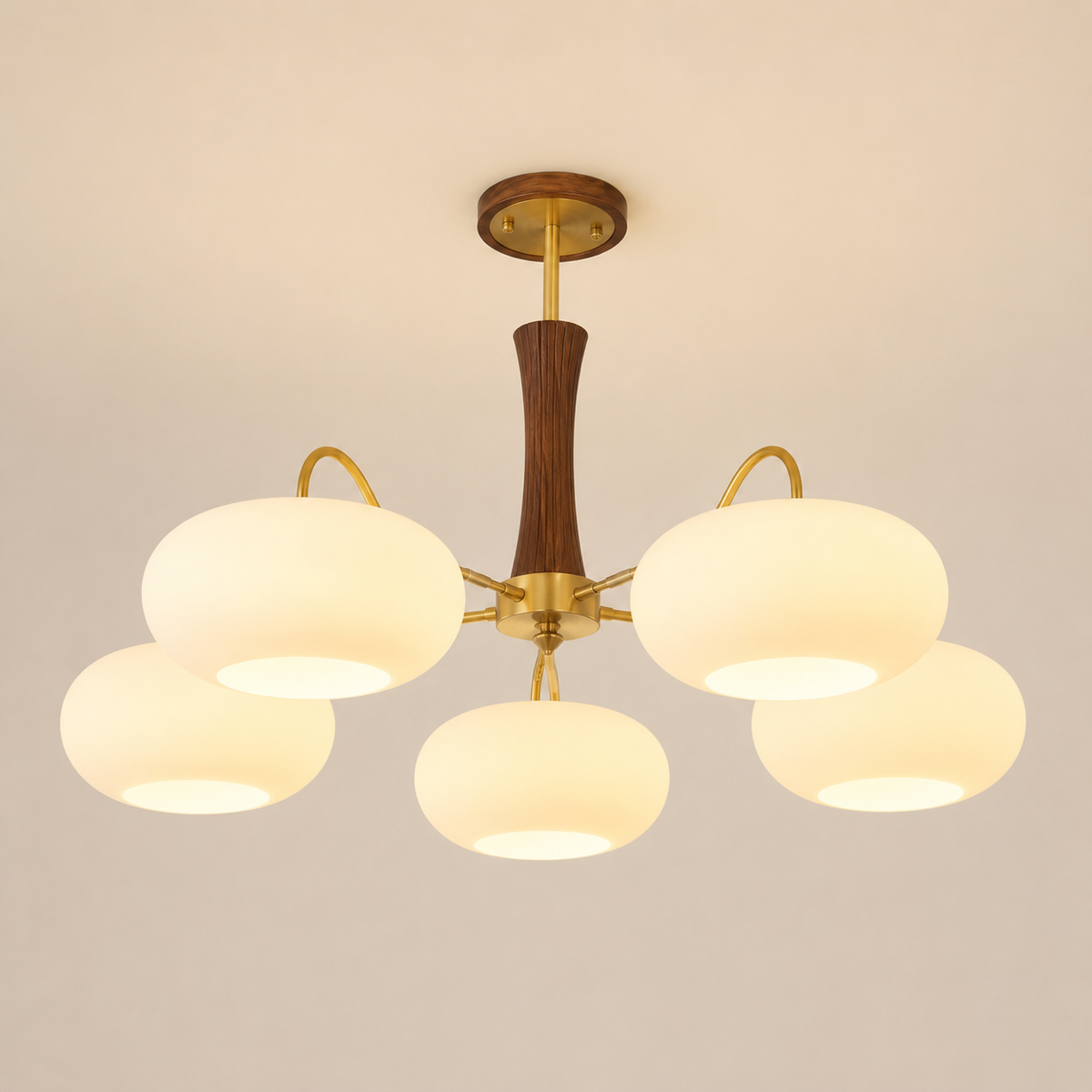 Modern Copper Chandelier Walnut Wood