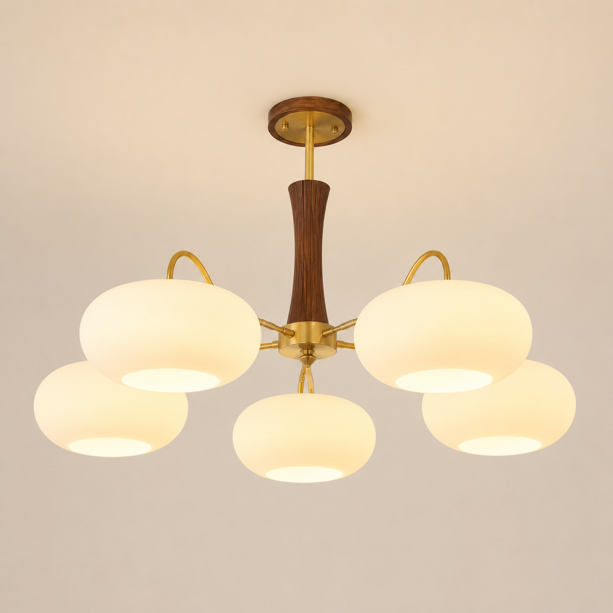 Modern Copper Chandelier Walnut Wood