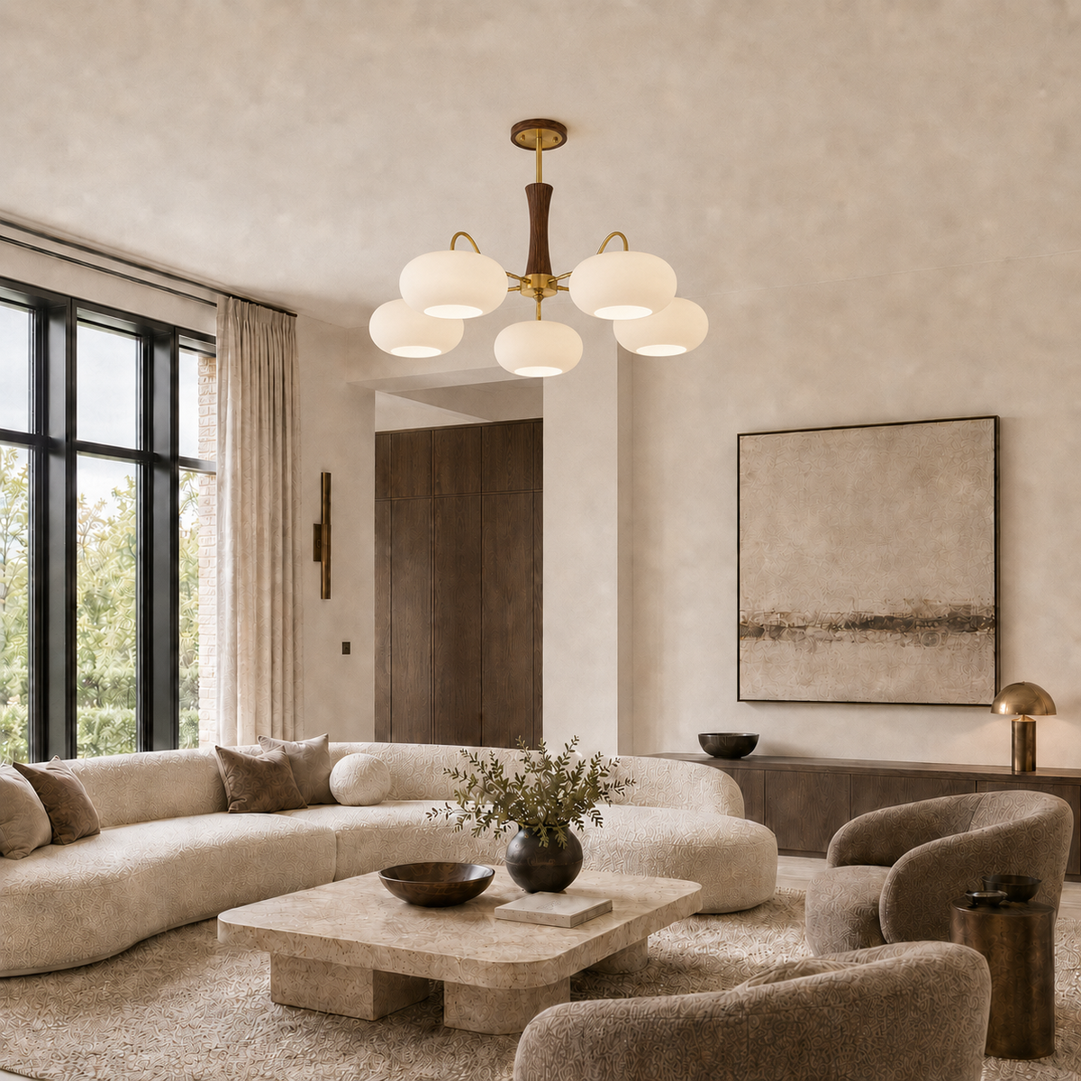 Modern Copper Chandelier Walnut Wood