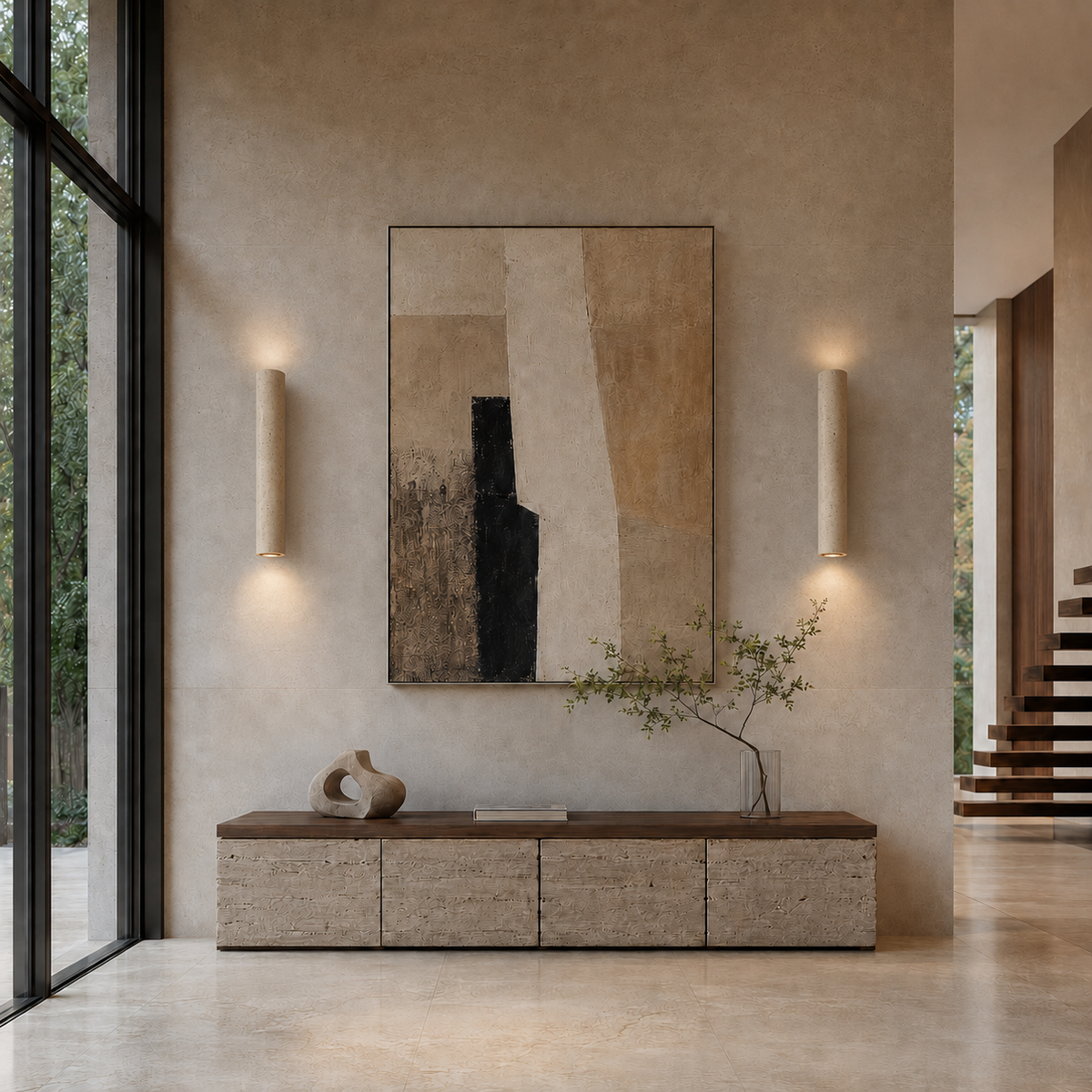 Maren Yellow Travertine & Wood Wall Light