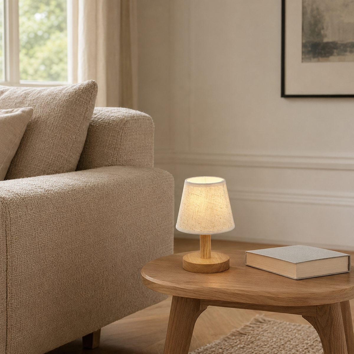 Small Wooden USB-Powered LED Table Lamp with Fabric Shade – Eli