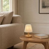 Small Wooden USB-Powered LED Table Lamp with Fabric Shade – Eli