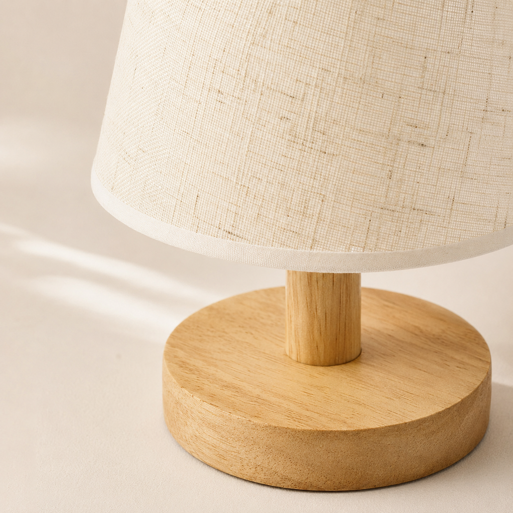 Small Wooden USB-Powered LED Table Lamp with Fabric Shade – Eli
