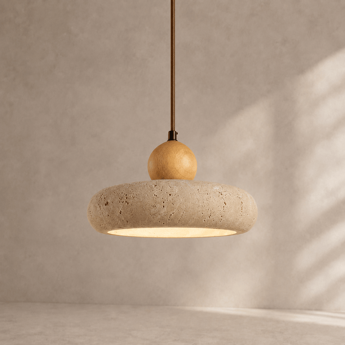 Norven Living Aven Travertine & Oak Disc Pendant Light