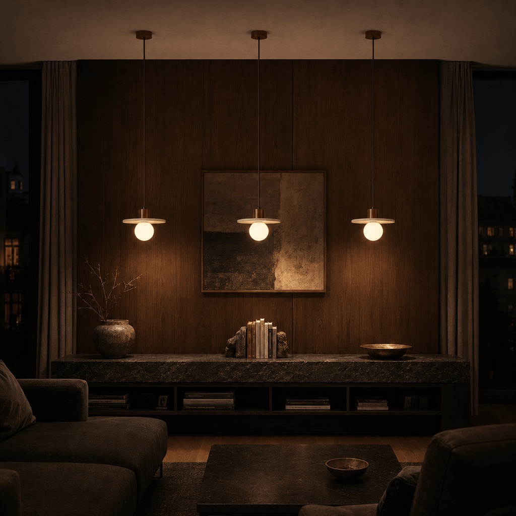 Norven Living Elara Travertine & Wood Globe Pendant Light