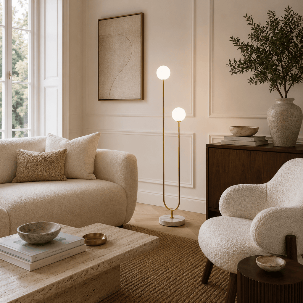Norven Living Milky White Glass Floor Lamp With Marble Base