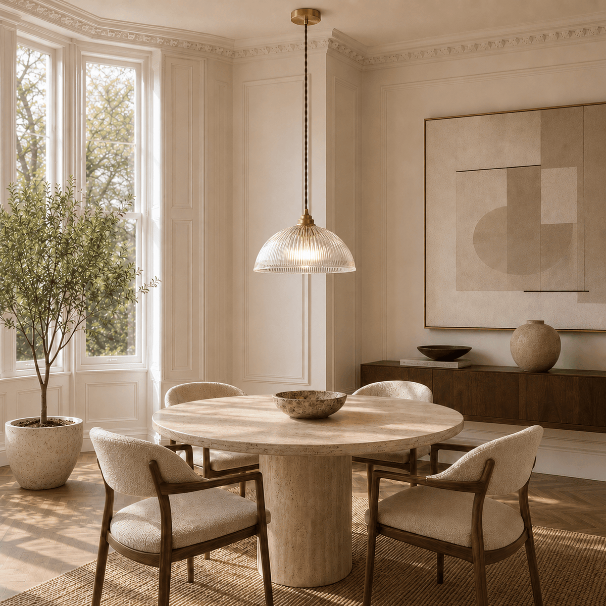 Norven Living Pendant Lights Brass Ribbed Glass Dome