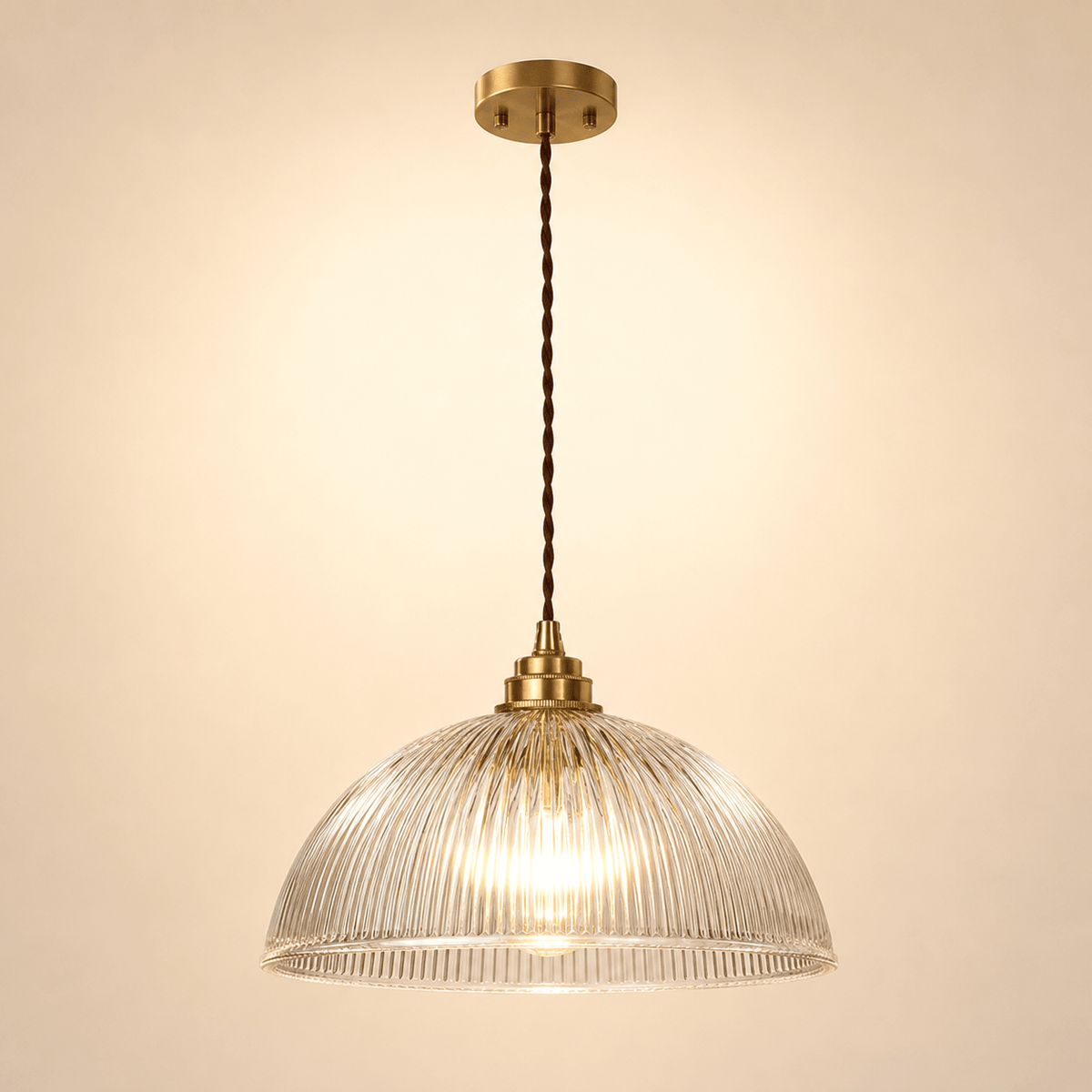 Norven Living Pendant Lights Brass Ribbed Glass Dome
