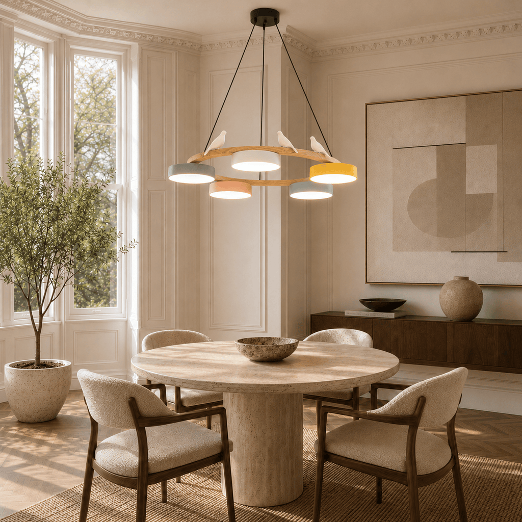 Norven Living Pendant Lights Wooden Circle Colorful LED