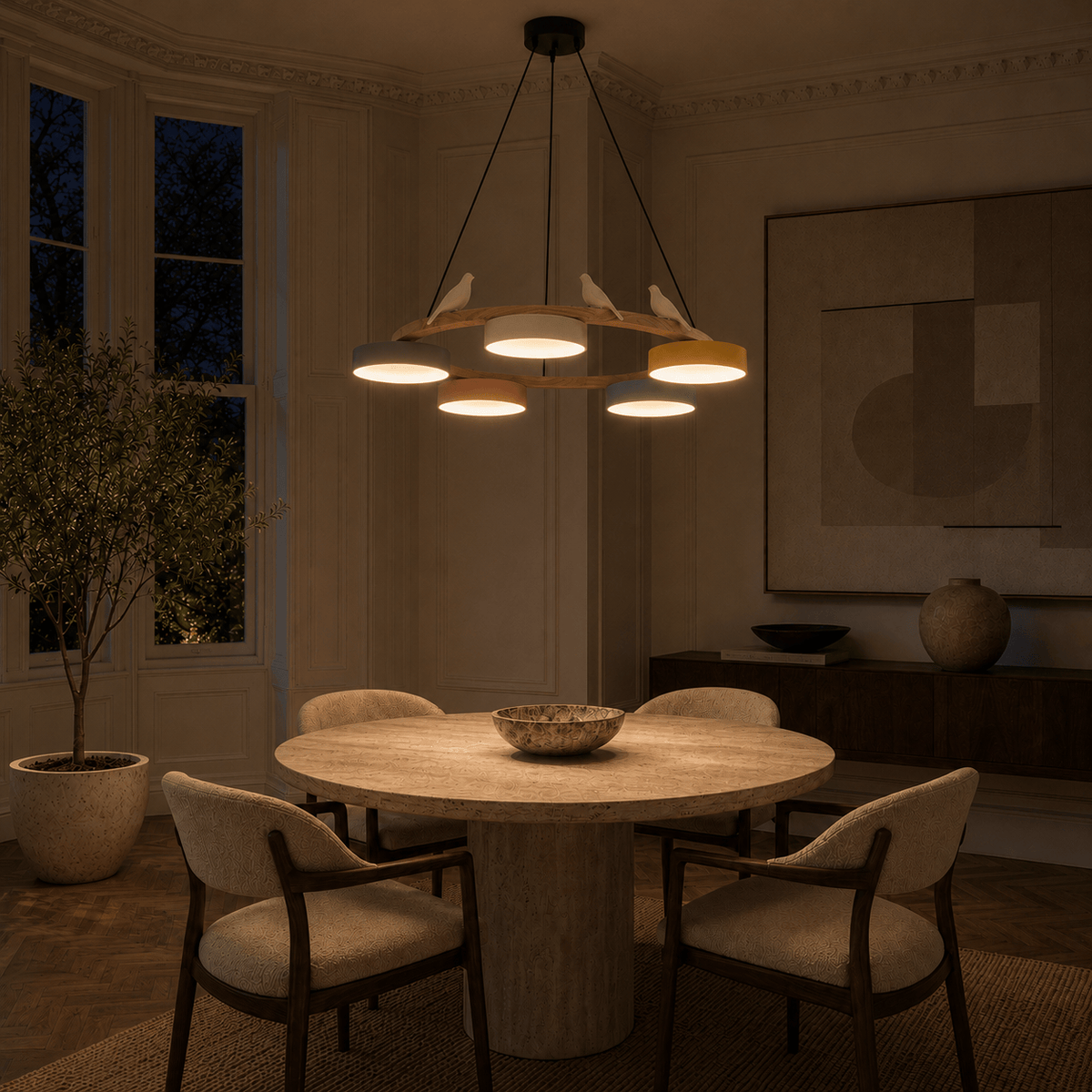 Norven Living Pendant Lights Wooden Circle Colorful LED