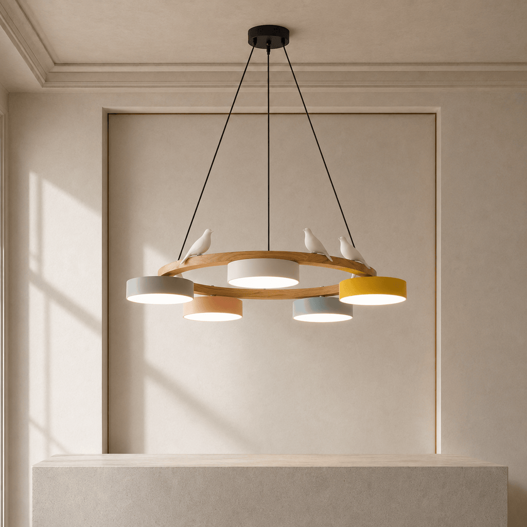 Norven Living Pendant Lights Wooden Circle Colorful LED