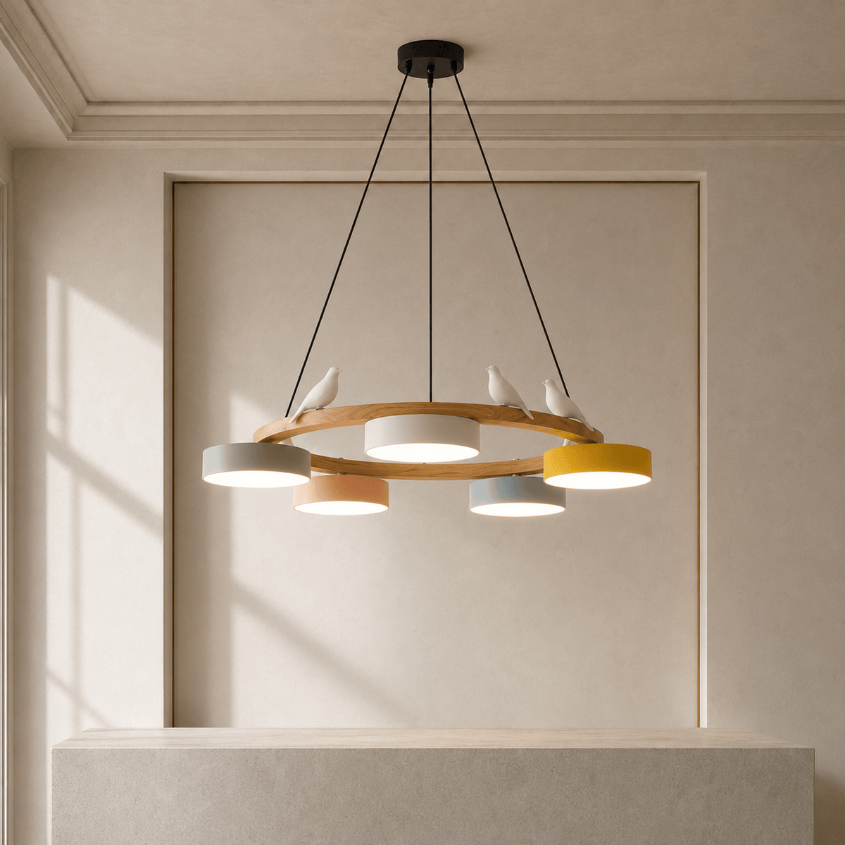 Norven Living Pendant Lights Wooden Circle Colorful LED