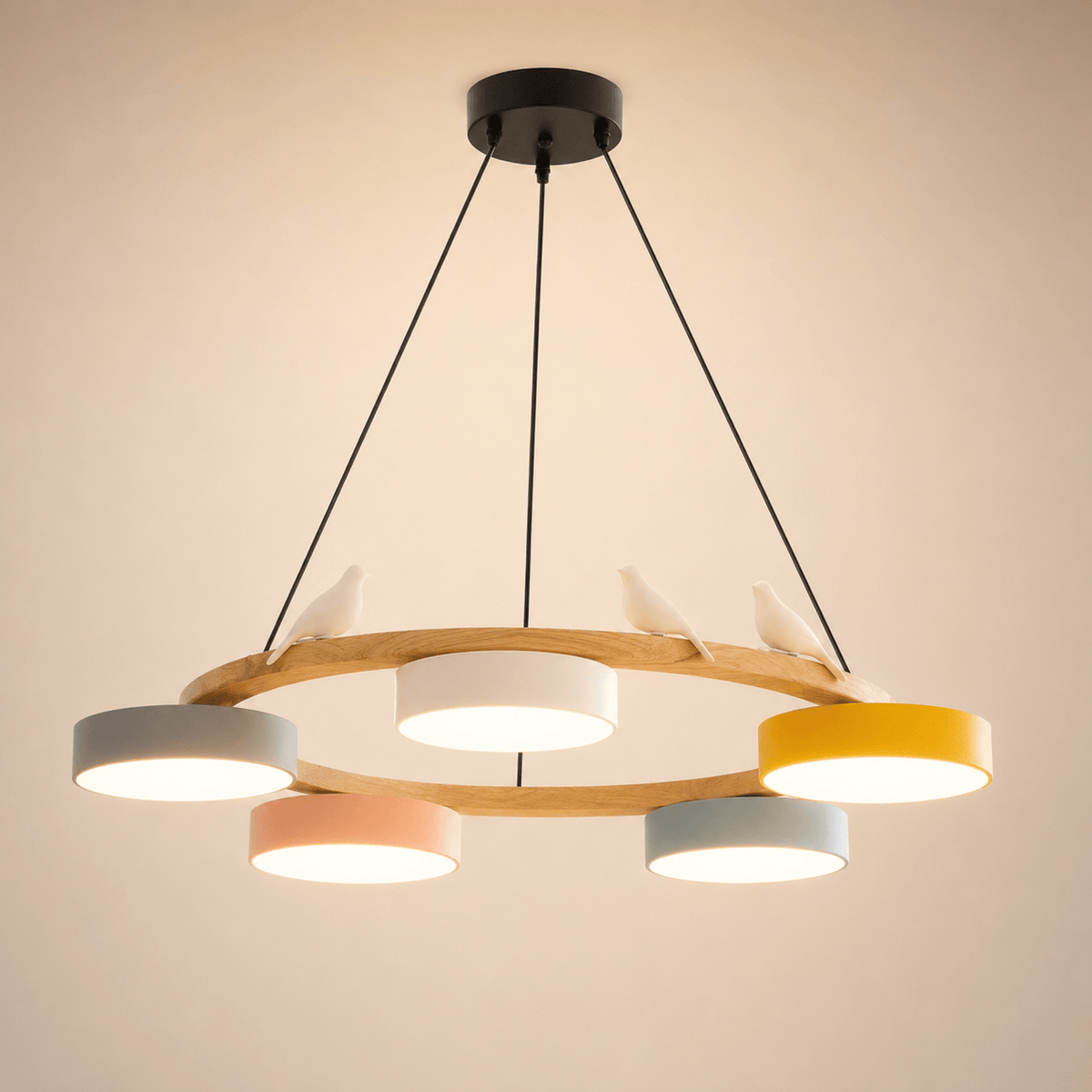 Norven Living Pendant Lights Wooden Circle Colorful LED