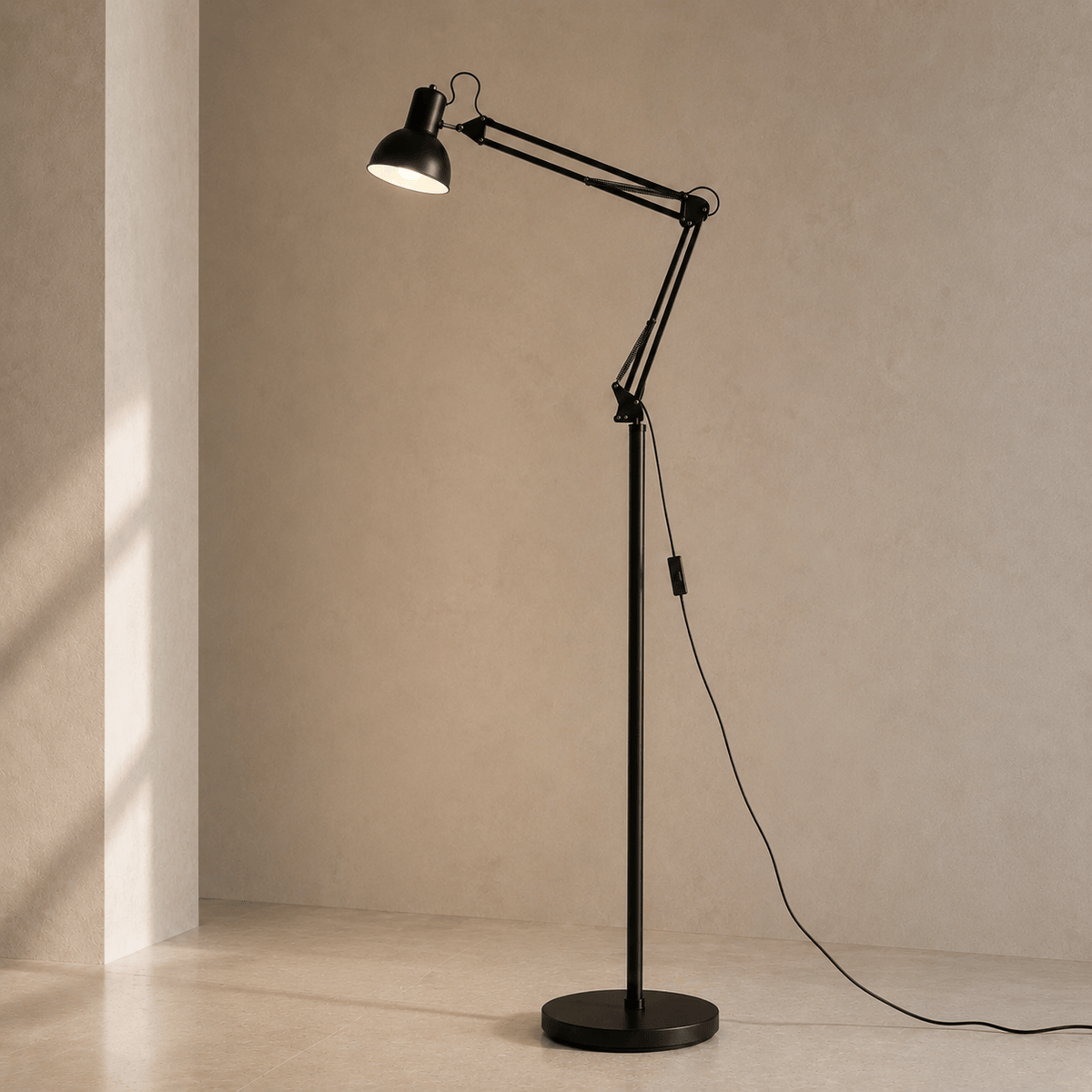 Norven Living Reading Lamp Floor Adjustable Swing Arm Black Metal