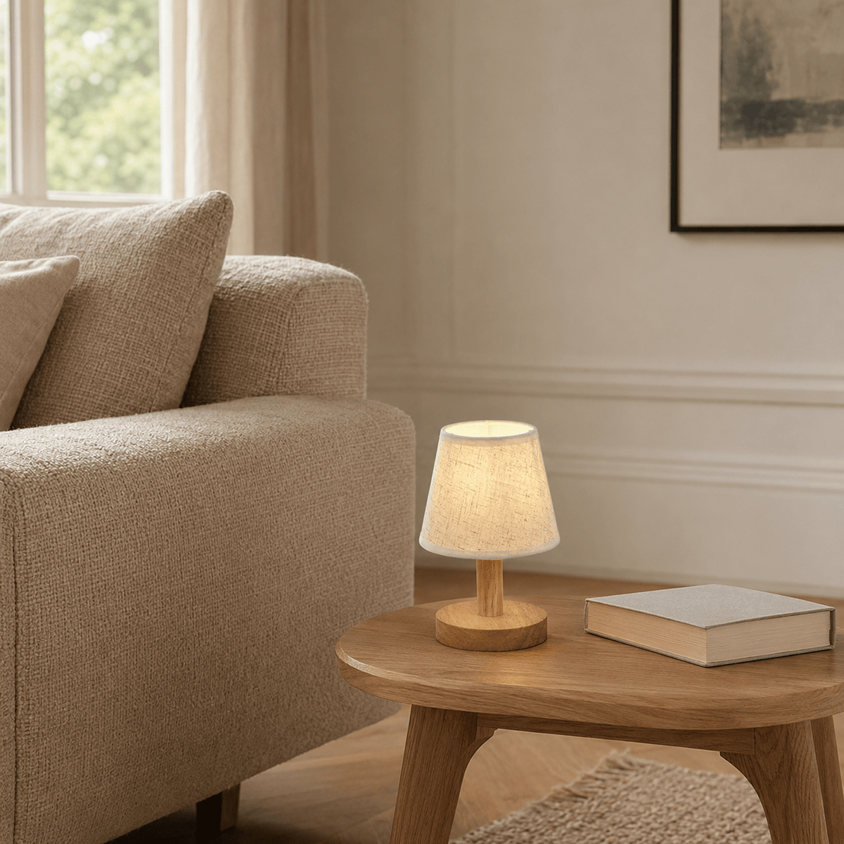 Norven Living Small Wooden USB-Powered LED Table Lamp with Fabric Shade – Eli