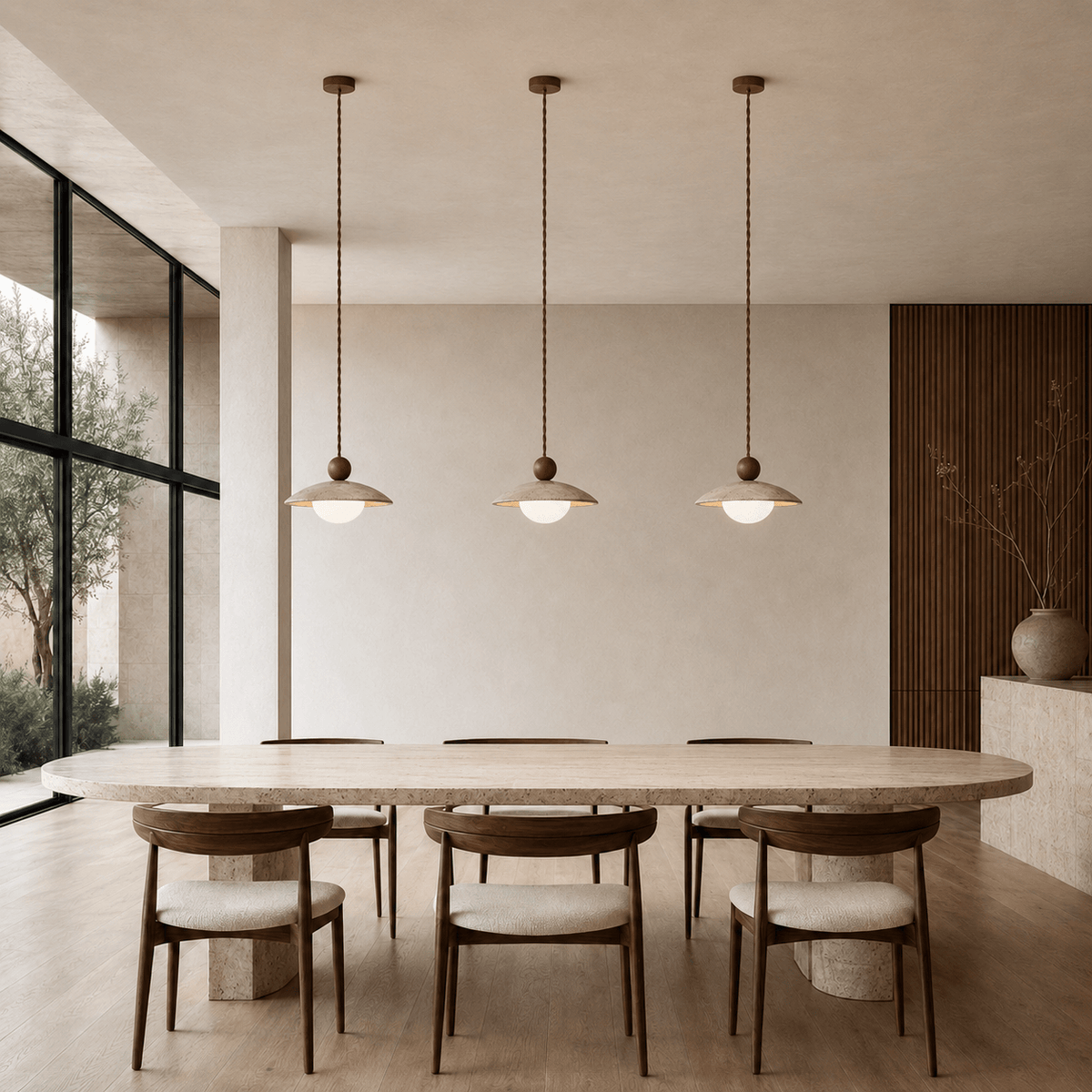 Norven Living Soren Walnut & Travertine Dome Pendant Light