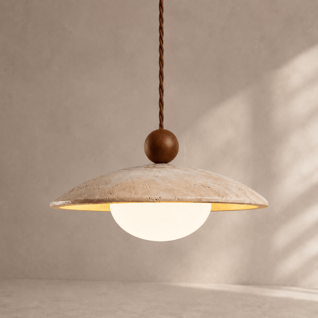 Norven Living Soren Walnut & Travertine Dome Pendant Light